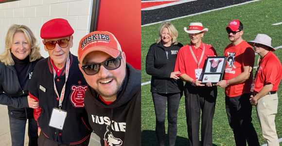 Cheryl Ringler, Michael Embry and Marty Johnstone pose for a photo on the left. On the right Cheryl Ringler, Michael Embry, Marty Johnstone and Dr. Thomas Bough pose for photo on the football field