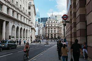 London street scene with people walking