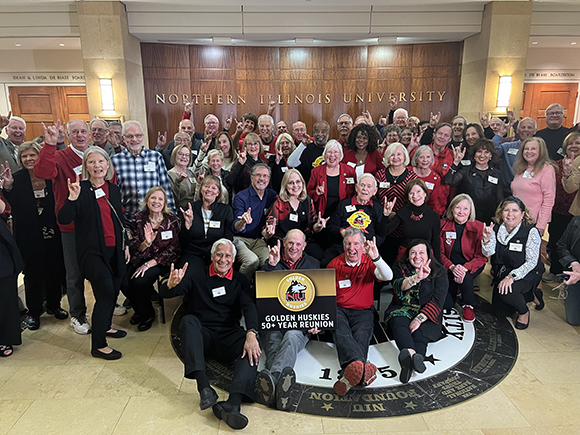Group photo of NIU alumni from the 2024 Golden Huskies Reunion Featuring the Class of '74