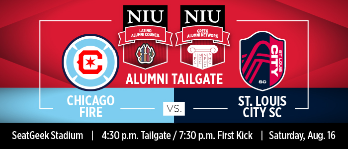 Promotional image for an alumni tailgate event at SeatGeek Stadium featuring a soccer match between Chicago Fire and St. Louis SC on Saturday, August 16. The event starts at 4:30 PM with the game beginning at 7:30 PM. The image includes logos of NIU Latino Alumni Council, NIU Greek Alumni Network, who are co-hosts of the event.