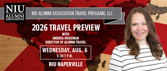 Promotional image for Northern Illinois University Alumni Association's 2026 Travel Preview event in Naperville on August 6, featuring Andrea Hodgman, displayed with a world map in red tones as the background.