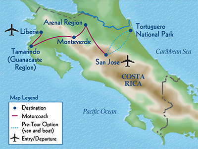 Map of Costa Rica showing the travel itinerary