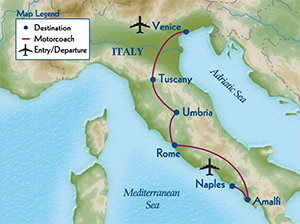 Map of Italy showing the travel itinerary