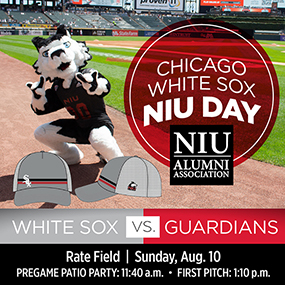 Promotional image for Chicago White Sox Day featuring NIU mascot at Guaranteed Rate Field. Includes event details for game against the Guardians on August 10, with pregame patio party and first pitch times listed. Image also shows a collection of baseball caps with team logos.