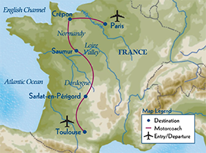 Map of France showing the travel itinerary