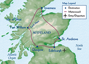 Map of Scotland showing the travel itinerary