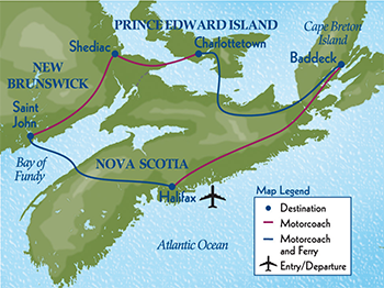 Map of Canada showing the travel itinerary