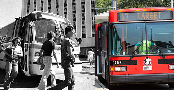 A split image featuring a vintage black and white photo of NIU students getting off a bus on the left, and a contemporary color photo of an NIU bus with the number 17 and labeled Target, on the right.