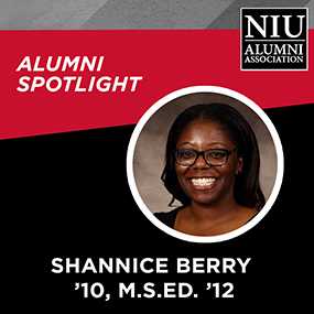 Alumni Spotlight graphic featuring a headshot of Shannice Berry, '10, M.S.Ed. '12