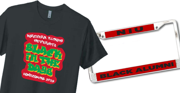 graphic showing a mock up for the Black Alumni Council Homecoming shirt and an NIU Black Alumni license plate frame holder