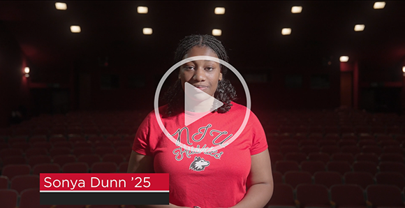 Screen shot of a video of an NIU student, Sonya Dunn, with a video play button on the image