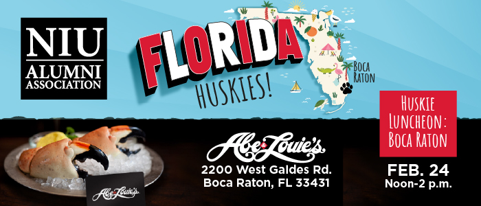 Promotional graphic for a Huskie Luncheon in Boca Raton, Florida. A stylized cartoon of a map of the state of Florida with cities called out where NIU events are taking place.