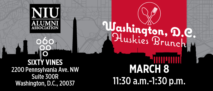 Washington D.C. Huskies Brunch graphic featuring a silhouette of the DC skyline and event details at Sixty Vines 2200 Pennsylvania Ave NW. Suite 300R on March 8, from 11:30 a.m. - 1:30 p.m.
