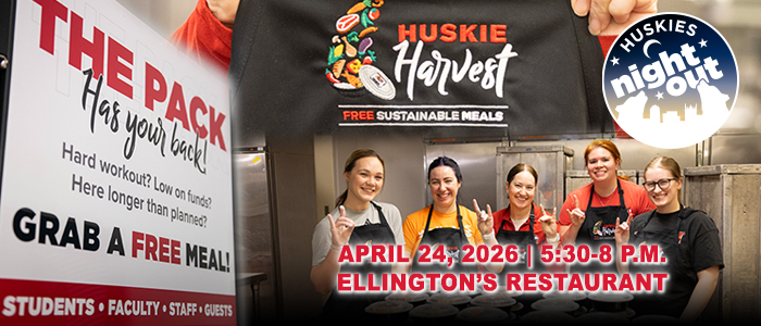 A promotional banner for an NIU event features a sign reading “The Pack Has Your Back!” encouraging students, faculty, staff, and guests to grab a free meal. At the center, several people wearing aprons stand together in a kitchen setting beneath a “Huskie Harvest – Free Sustainable Meals” graph