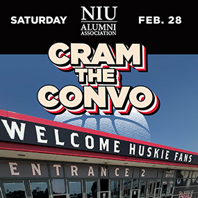 Promotional graphic for Cram the Convo event at NIU on Saturday, Feb. 28