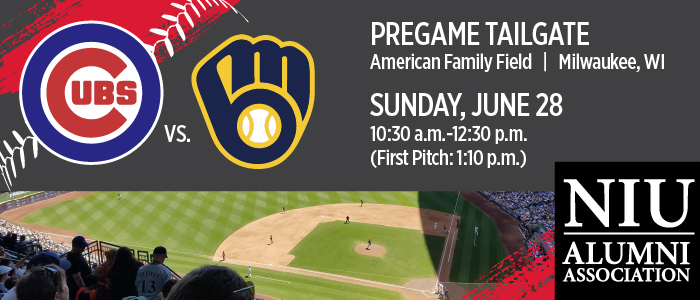Promotional graphic for an NIUAA event the Cubs at Milwaukee Brewers baseball game and tailgate on June 28