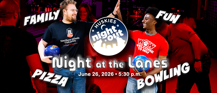 Promotional graphic for Huskies Night Out: Night at the Lanes, showing people bowling and high‑fiving in a bowling alley. Text on the image reads Family, Fun, Pizza, Bowling, and Night at the Lanes, with the event date June 26, 2026, at 5:30 p.m.