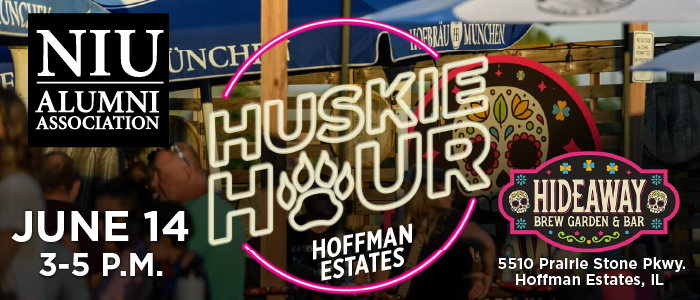 Graphic with a brick wall background featuring the NIU Alumni Association logo and neon‑style text reading Huskie Hour with a paw print icon.