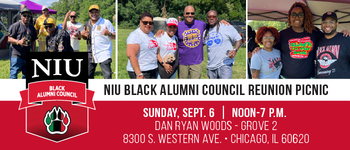 Promotional graphic for the NIU Black Alumni Council Reunion Picnic. Text reads ‘Sunday, Sept. 6, noon–7 p.m., Dan Ryan Woods, Grove 2, 8300 S. Western Ave., Chicago, IL 60620.’ The NIU and Black Alumni Council logos appear alongside photos of alumni gathered outdoors at a picnic.