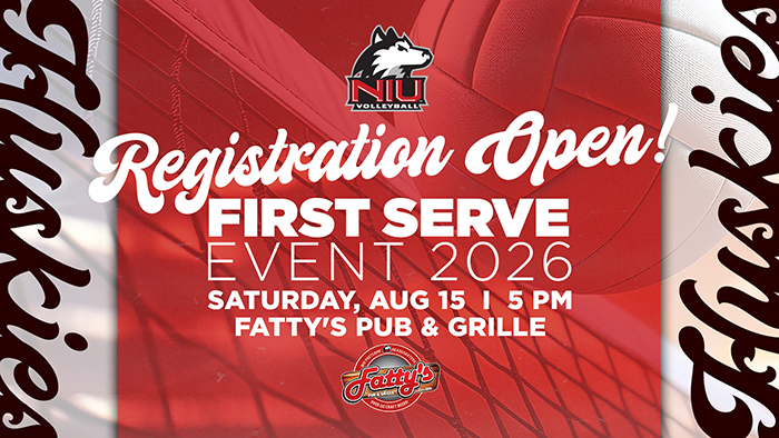 Promotional graphic with a red volleyball background and net. Text reads Registration Open: First Serve Event 2026, Saturday, Aug. 15, 5 p.m., Fatty’s Pub & Grille. The NIU Volleyball logo appears at the top and the Fatty’s logo is shown near the bottom.