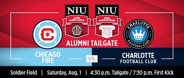 Promotional image for an alumni tailgate event at Soldier Field featuring a soccer match between Chicago Fire and Charlotte FC on Saturday, August 1. The event starts at 3:30 PM with the game beginning at 7:30 PM. The image includes logos of NIU Latino Alumni Council, NIU Greek Alumni Network, who are co-hosts of the event.