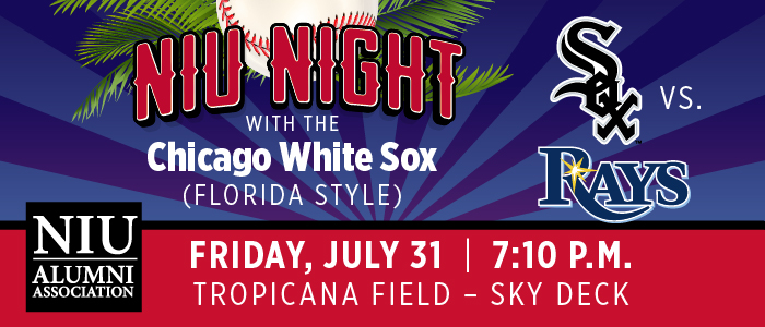 Promotional graphic for “NIU Night with the Chicago White Sox (Florida Style)” featuring palm fronds and a baseball over a purple burst background, with Chicago White Sox vs. Tampa Bay Rays logos on the right. Event details read: “Friday, July 31 | 7:10 P.M. Tropicana Field – Sky Deck.” Includes NIU Alumni Association logo on the left.