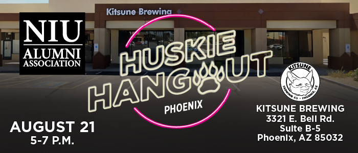 Promotional graphic for the NIU Alumni Association “Huskie Hangout” event at Kitsune Brewing. The background shows the exterior of a brewery storefront. Centered neon-style lettering reads “Huskie Hangout” with a circular pink glow and a paw print in the middle, and “Phoenix” below it. On the left is the NIU Alumni Association logo and event details: “August 21, 5–7 P.M.” On the right is the Kitsune Brewing logo and address: “3321 E. Bell Rd., Suite B-5, Phoenix, AZ 85032.”