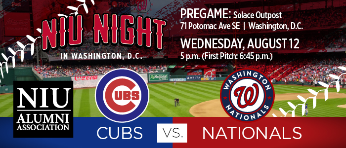 The image is a promotional graphic for an event titled “NIU Night in Washington, D.C.” themed around a baseball game. The design combines visual elements of a baseball stadium with event information and team branding. The background shows a professional baseball field filled with spectators in a large stadium.
