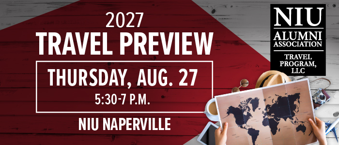 Promotional image for Northern Illinois University Alumni Association's 2027 Travel Preview event in Naperville on August 27, displayed with a world map in red tones as the background.