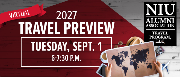 Promotional image for Northern Illinois University Alumni Association's 2027 Virtual Travel Preview event on Sept. 1.