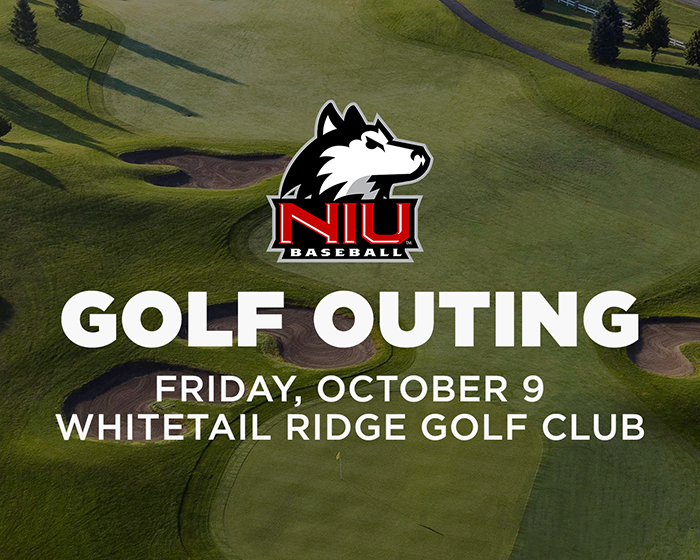NIU Baseball Golf Outing promotional graphic featuring an aerial view of a golf course. The NIU Huskies Baseball logo appears above the text: Golf Outing, Friday, October 9, and Whitetail Ridge Golf Club.