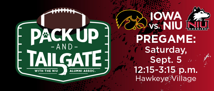 Promotional graphic for Pack Up and Tailgate featuring a football-themed green sign with the text Pack Up and Tailgate with the NIU Alumni Assoc. On the right, the Iowa Hawkeyes and NIU Huskies logos appear above event details: Iowa vs. NIU Pregame, Saturday, Sept. 5, 12:15-3:15 p.m., Hawkeye Village. The background fades from black to dark red with splatter-style graphics.