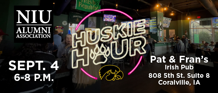 NIU Alumni Association Huskie Hour event promotion featuring a lively Irish pub interior with patrons seated and standing. Large neon-style Huskie Hour text and paw graphic appear in the center with a Hawkeye logo below. Event details read: Sept. 4, 6-8 P.M. Location: Pat & Fran’s Irish Pub, 808 5th St. Suite 8, Coralville, Iowa. NIU Alumni Association logo displayed in the upper left corner.