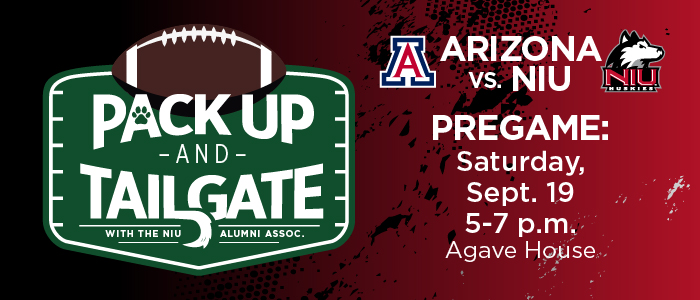 Promotional graphic for Pack Up and Tailgate event promotion graphic featuring a football-shaped Pack Up and Tailgate logo with the NIU Alumni Association on a green field-style sign. On the right, Arizona vs. NIU matchup logos appear above event details: Pregame, Saturday, Sept. 19, 5-7 p.m., Agave House. Background uses a black-to-red gradient with paint splatter accents.