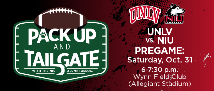 Promotional graphic for Pack Up and Tailgate event promotion graphic featuring a football-shaped Pack Up and Tailgate logo with the NIU Alumni Association on a green field-style sign. On the right, UNLV vs. NIU matchup logos appear above event details: Pregame, Saturday, Oct. 31, 6-7:30 p.m., Allegiant Stadium – Wynn club. Background uses a black-to-red gradient with paint splatter accents.
