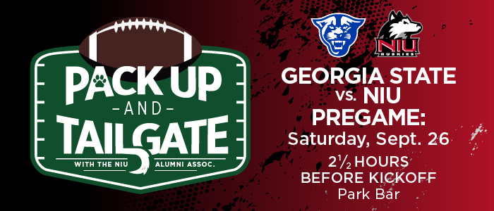 Promotional graphic for Pack Up and Tailgate event featuring a green football field-style badge with a football on top and the words Pack Up and Tailgate with the NIU Alumni Association. Georgia State and NIU logos appear on a red and black background alongside event details: Georgia State vs. NIU Pregame, Saturday, Sept. 26, 2½ hours before kickoff, Park Bar.