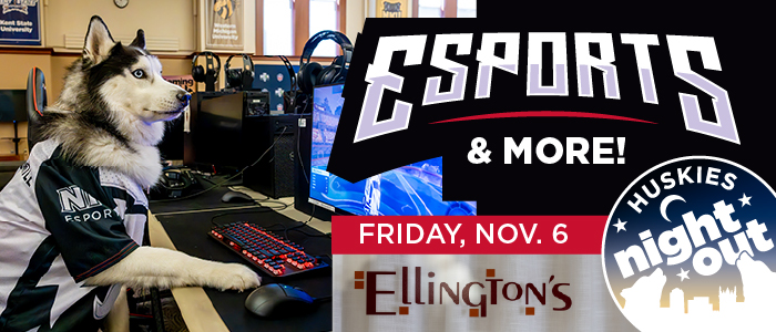 Mission sits at a gaming computer in an esports arena with rows of gaming stations in the background. A graphic overlay reads ESPORTS & MORE! and promotes Friday, Aug. 14 at Ellington’s, alongside a circular Huskies Night Out logo.