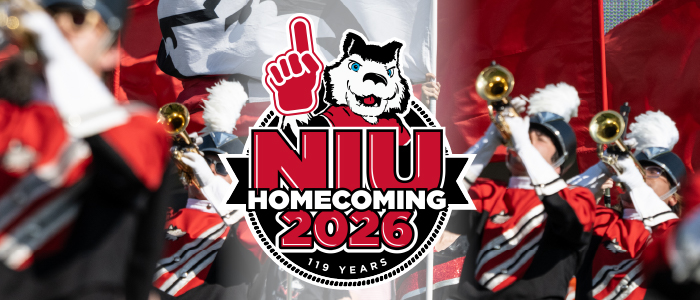 Northern Illinois University Homecoming 2026 graphic over a blurred background of the NIU Huskie Marching Band in red-and-black uniforms performing with brass instruments and flags. Centered logo features the NIU Huskie mascot, a red foam finger and bold text reading NIU Homecoming 2026, with 119 Years below.