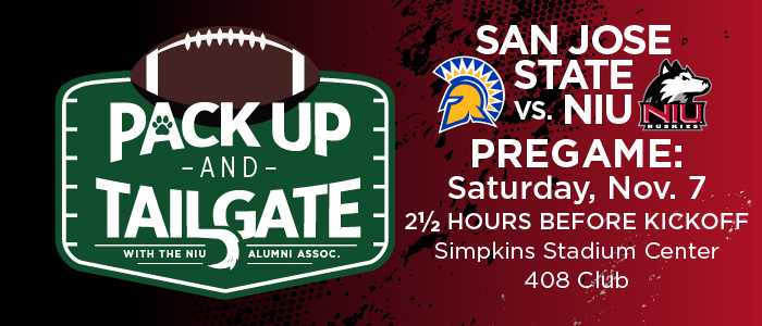 Pack Up and Tailgate promotional graphic featuring a green football field-shaped sign with a brown football at the top. The sign reads Pack Up and Tailgate and With the NIU Alumni Assoc. On the right side, text announces San Jose State vs. NIU Pregame, Saturday, Nov. 7, 2½ Hours Before Kickoff, Simpkins Stadium Center, 408 Club. The San Jose State Spartans logo and NIU Huskies logo appear between the team names. The background fades from black to dark red with a distressed paint-splatter texture.