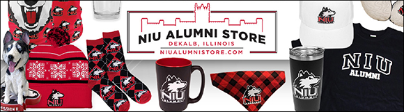 Shop at the NIU Alumni Store online at NIUAlumniStore.com image shows a collage of items available for purchase from the NIU Alumni Store