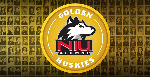 Golden Huskies logo over yearbook photo pages