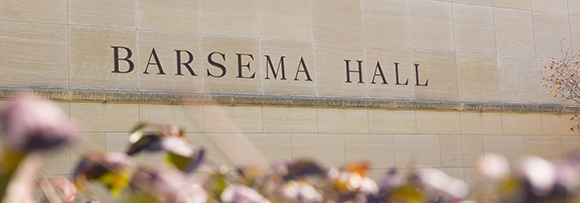 close up of Barsema Hall name plaqu