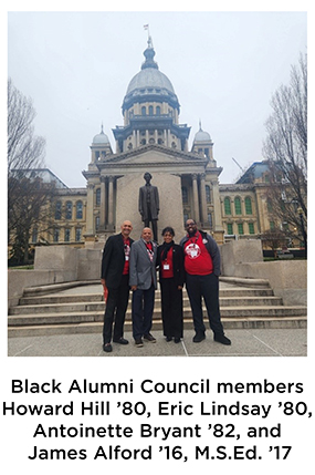 Pictured: Black Alumni Council members Howard Hill ’80, Eric Lindsay ’80, Antoinette Bryant ’82, and James Alford ’16, M.S.Ed. ’17 in front of the Illinois State Capitol Building in Springfield, Illinois.